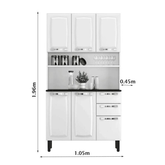 Kit Cozinha Pratika Larg. 1.05m Branco 1904 6 Portas 2 Gavetas em A�o - Itatiaia