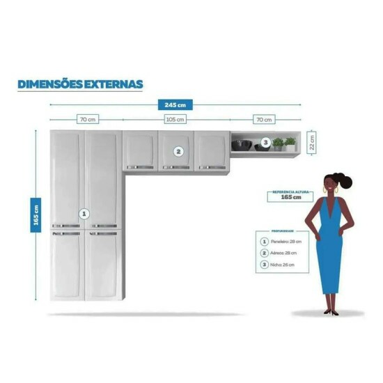 Cozinha Rose Branco 3 Pe�as Larg. 2.45m Paneleiro + A�reo + Nicho em A�o - Itatiaia