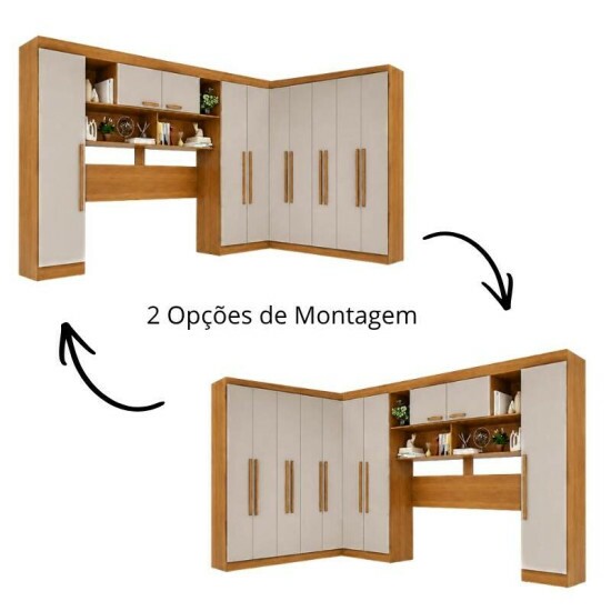 Modulado Apolo Premium + Modulado de Canto Fortaleza + Guarda-roupa Recife 6 Portas Cinamomo/Off - Sall�to