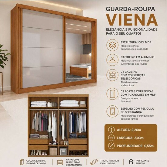 Guarda-roupa Viena 2.03m Nature/Off C/Espelho - Bianchi