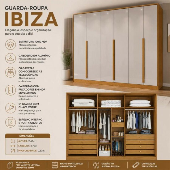 Guarda-roupa Ibiza 2.75m Nature/Off 6 Portas 8 Gavetas - Bianchi