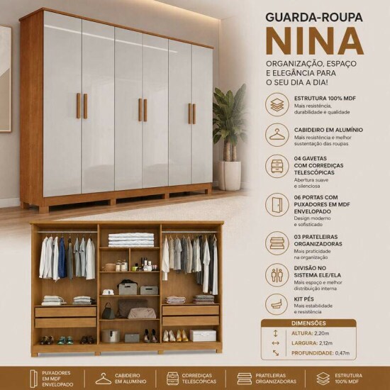 Guarda-roupa Nina 2.12m Nature/Off 6 Portas 4 Gavetas C/p�s - Bianchi