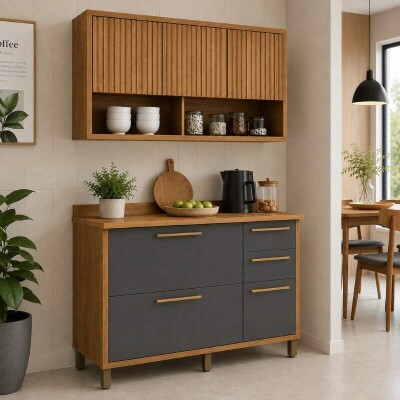 Balc�o Cozinha Torino Larg. 1.20m Cinamomo/Grafite 3 Portas 2 Gavetas + A�reo Cozinha Torino Larg. 1.20m Cinamomo 3 Portas Ripado - Valdemoveis