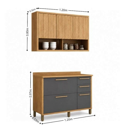 Balc�o Cozinha Torino Larg. 1.20m Cinamomo/Grafite 3 Portas 2 Gavetas + A�reo Cozinha Torino Larg. 1.20m Cinamomo 3 Portas Ripado - Valdemoveis