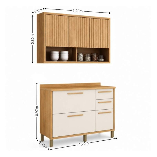 Balc�o de Cozinha 1,20m Torino Cinamomo/Off + A�reo Ripado 1,20m Torino Cinamomo - Valdem�veis