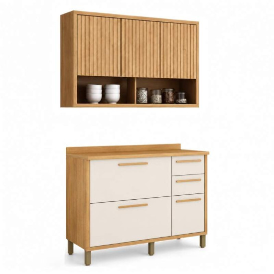 Balc�o de Cozinha 1,20m Torino Cinamomo/Off + A�reo Ripado 1,20m Torino Cinamomo - Valdem�veis