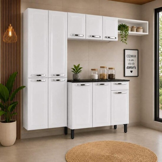 Cozinha Rose Branco 4 Pe�as 2.45m + Paneleiro + A�reo 3 portas + Nicho geladeira + Balc�o Rose - Itatiaia