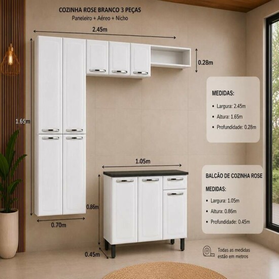 Cozinha Rose Branco 4 Pe�as 2.45m + Paneleiro + A�reo 3 portas + Nicho geladeira + Balc�o Rose - Itatiaia