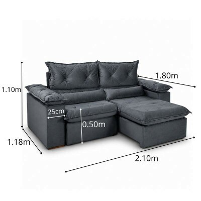 Sof� Retr�til Reclin�vel Dubai 2.10m Veludo Cinza 20