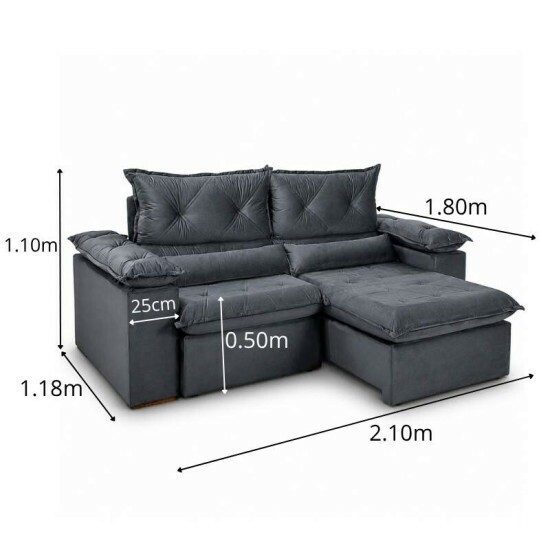 Sof� Retr�til Reclin�vel Dubai 2.10m Veludo Cinza 20