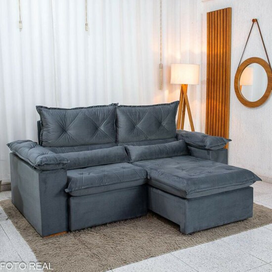 Sof� Retr�til Reclin�vel Dubai 2.10m Veludo Cinza 20