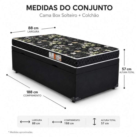Colch�o Solteiro Espuma Lotus Nosso Sonho + Base Box Ba� Solteiro Confort Sued Preto Blindado Issacar - 88x188x57 cm