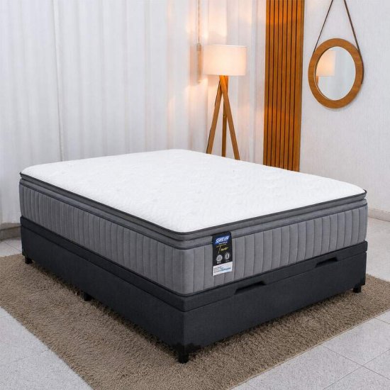 Colch�o Casal Molas Ensacadas BlueWave Tower Gazin + Base Box Ba� Casal Linh�o Grafite Blindado Elitebox - 138x188x69