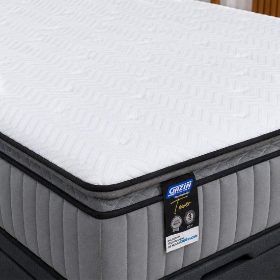 Colch�o Casal Molas Ensacadas BlueWave Tower Gazin + Base Box Ba� Casal Linh�o Grafite Blindado Elitebox - 138x188x69