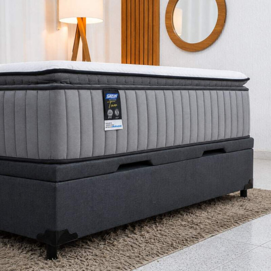 Colch�o Casal Molas Ensacadas BlueWave Tower Gazin + Base Box Ba� Casal Linh�o Grafite Blindado Elitebox - 138x188x69