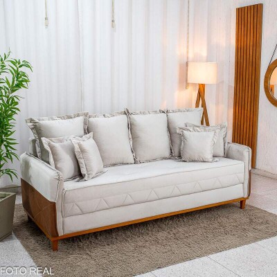 Sof� 4 Lugares Living Luca 2.10m Veludo Bege Claro C/ Detalhe - Molas Bonnel