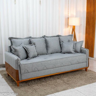 Sof� 4 Lugares Living Luca 2.10m Linho Cinza C/ Detalhe - Molas Bonnel
