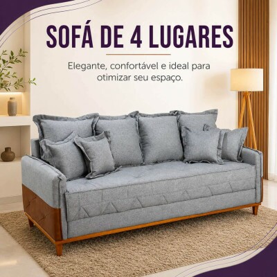 Sof� 4 Lugares Living Luca 2.10m Linho Cinza C/ Detalhe - Molas Bonnel