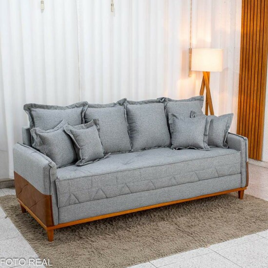 Sof� 4 Lugares Living Luca Linho Cinza com Detalhe Molas Bonnel - 2,10m
