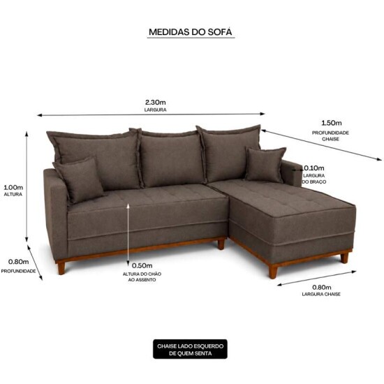 Sof� 3 Lugares Mil�o Chaise Lado Esquerdo Linho Marrom 1007 Molas Ensacadas - 2,30m