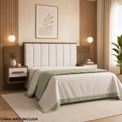 Cabeceira Casal 1,40m �ris Castanho/Off Acolchoada Linho Bege e Detalhe Ripado - D Doro