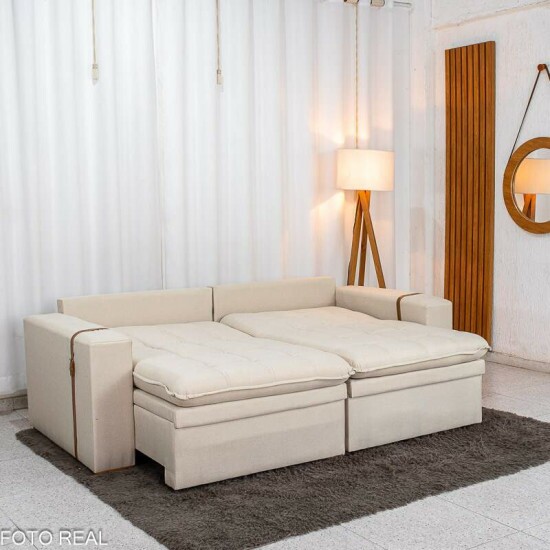 Sof� Retr�til Reclin�vel Com Ba� Munique 2.20m Linho Bege - Sem Caixa