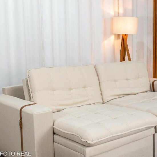 Sof� Retr�til Reclin�vel Com Ba� Munique 2.20m Linho Bege - Sem Caixa