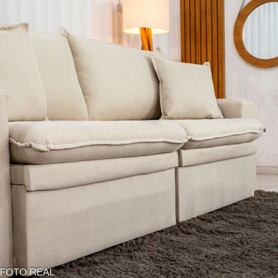 Sof� Retr�til Reclin�vel Com Ba� Munique 2.20m Linho Bege - Sem Caixa