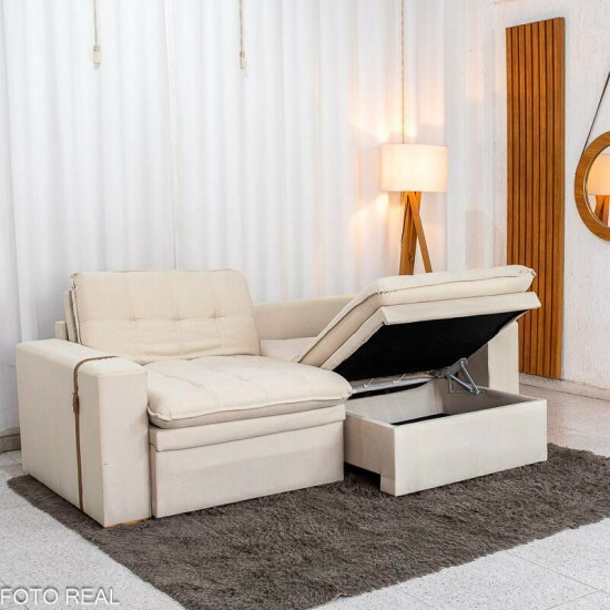 Sof� Retr�til Reclin�vel Com Ba� Munique 2.20m Linho Bege - Sem Caixa