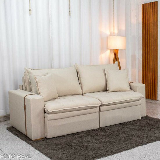 Sof� Retr�til Reclin�vel Com Ba� Munique 2.20m Linho Bege - Sem Caixa