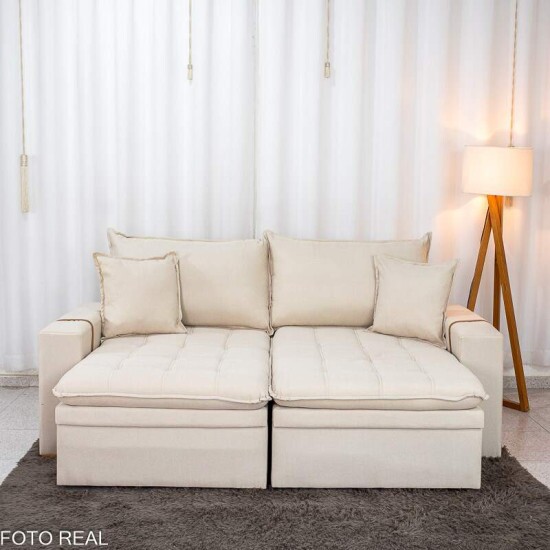 Sof� Retr�til Reclin�vel Com Ba� Munique 2.20m Linho Bege - Sem Caixa