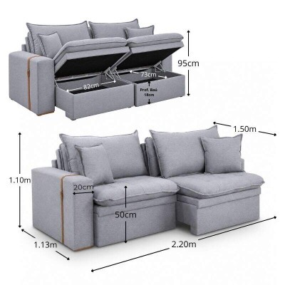 Sof� Retr�til Reclin�vel Com Ba� Munique 2.20m Linho Cinza - Sem Caixa