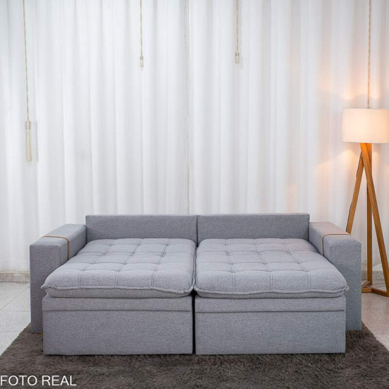 Sof� Retr�til Reclin�vel Munique 2,20m Linho Cinza com Ba� - Sem Caixa