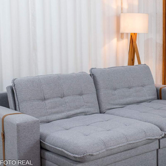 Sof� Retr�til Reclin�vel Munique 2,20m Linho Cinza com Ba� - Sem Caixa