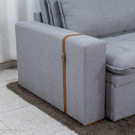 Sof� Retr�til Reclin�vel Munique 2,20m Linho Cinza com Ba� - Sem Caixa