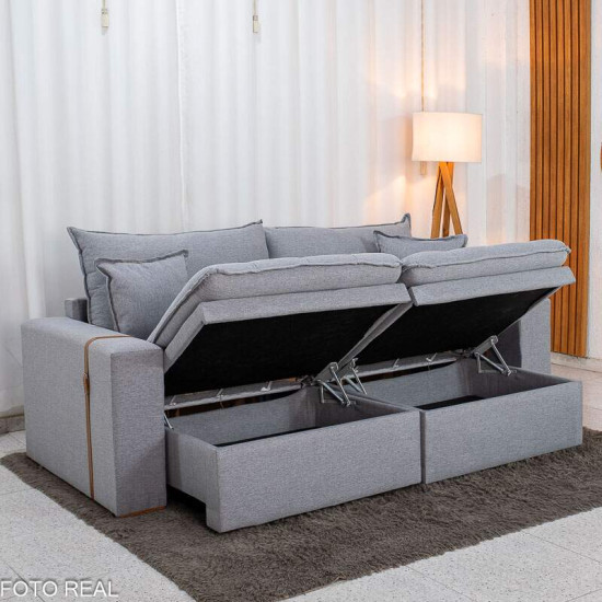 Sof� Retr�til Reclin�vel Munique 2,20m Linho Cinza com Ba� - Sem Caixa