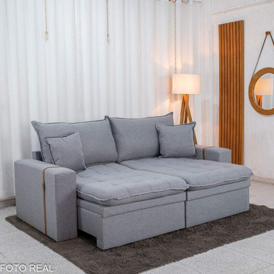 Sof� Retr�til Reclin�vel Munique 2,20m Linho Cinza com Ba� - Sem Caixa