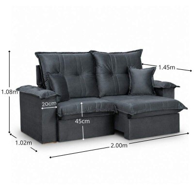 Sof� Retr�til Reclin�vel Bela 2.00m Veludo Cinza Escuro 08