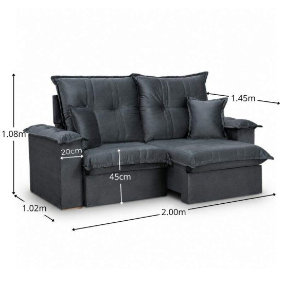 Sof� Retr�til Reclin�vel Bela 2.00m Veludo Cinza Escuro 08
