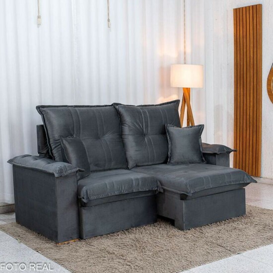 Sof� Retr�til Reclin�vel Bela 2.00m Veludo Cinza Escuro 08