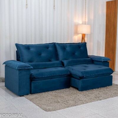 Sof� Retr�til Reclin�vel Sui�a 2.30m Veludo Azul 205/12 - Sem Caixa