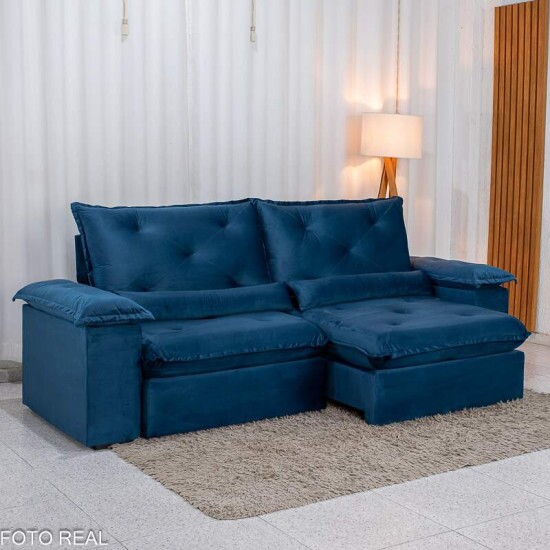 Sof� Retr�til Reclin�vel Sui�a 2.50m Veludo Azul 205/12 - Sem Caixa