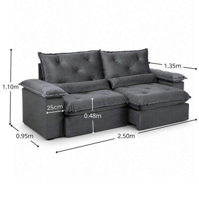 Sof� Retr�til Reclin�vel Sui�a 2.50m Veludo Grafite 213/05