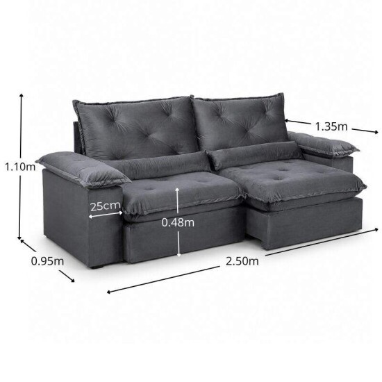 Sof� Retr�til Reclin�vel Sui�a 2.50m Veludo Grafite 213/05