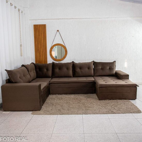 Sof� de Canto Atalanta 3.20 m Chaise Lado Esquerdo Veludo Marrom 204/06