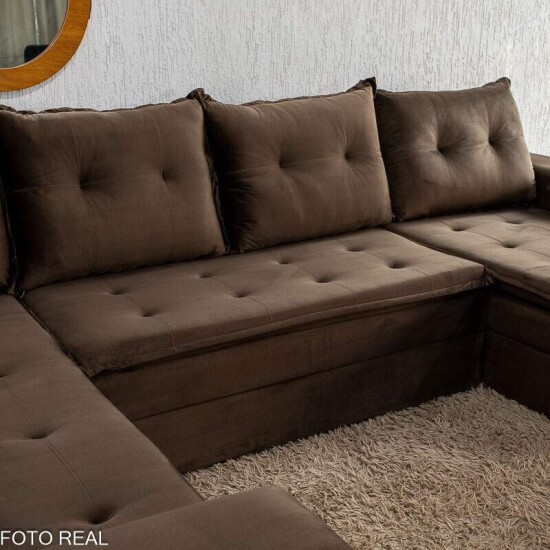 Sof� de Canto Atalanta 3.20 m Chaise Lado Esquerdo Veludo Marrom 204/06