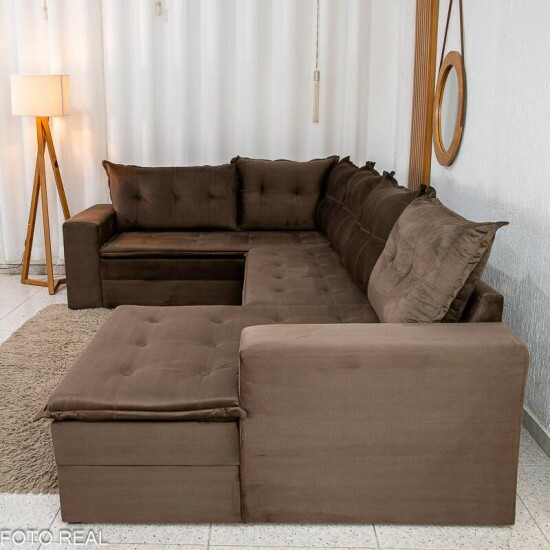 Sof� de Canto Atalanta 3.20 m Chaise Lado Esquerdo Veludo Marrom 204/06