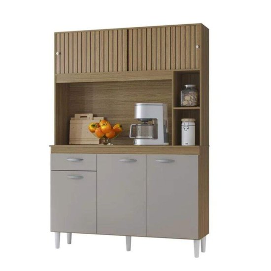 Kit de Cozinha 1,20m Duda Damasco/Off Ripado 5 Portas 1 Gaveta - Poquema