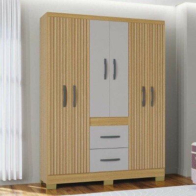 Roupeiro Solteiro Mil�o 1.35m Damasco/Off Ripado 6 Portas 2 Gavetas C/P�s - Poquema