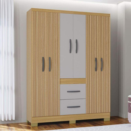 Guarda-roupa Solteiro 1,35m Mil�o Damasco/Off Ripado 6 Portas 2 Gavetas com P�s - Poquema
